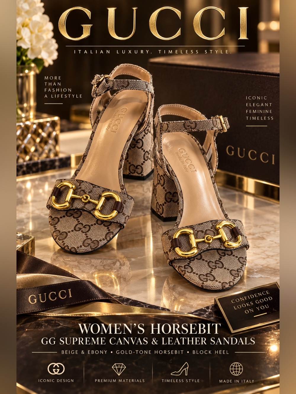 Gucci Brown GG Canvas Block Heel Sandals with Gold Horsebit